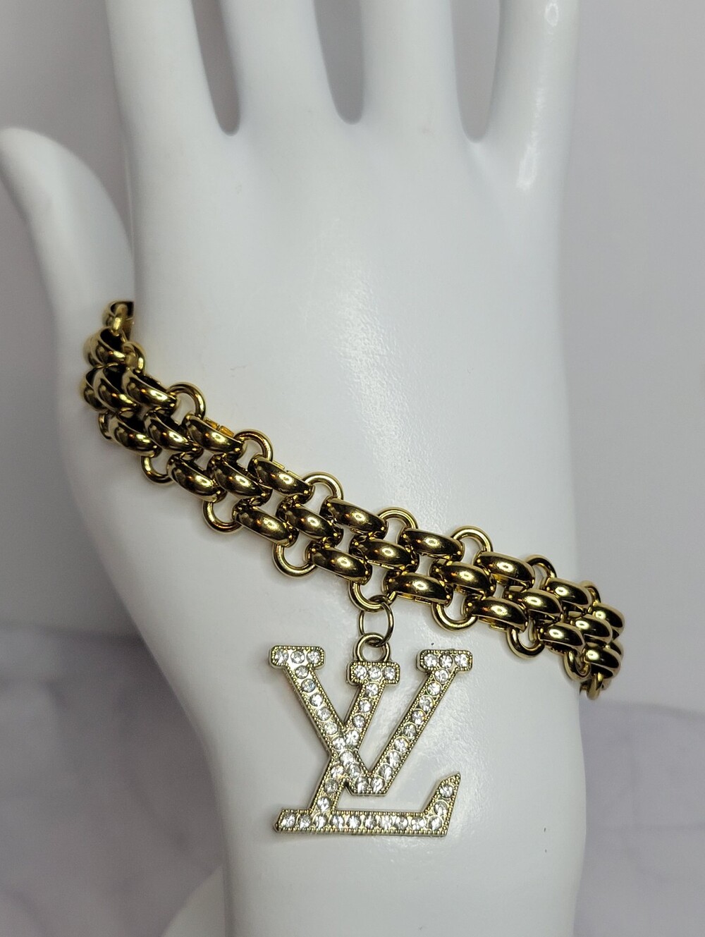 Gold-Tone Link Bracelet with Crystal Monogram, 7.5" +Extension